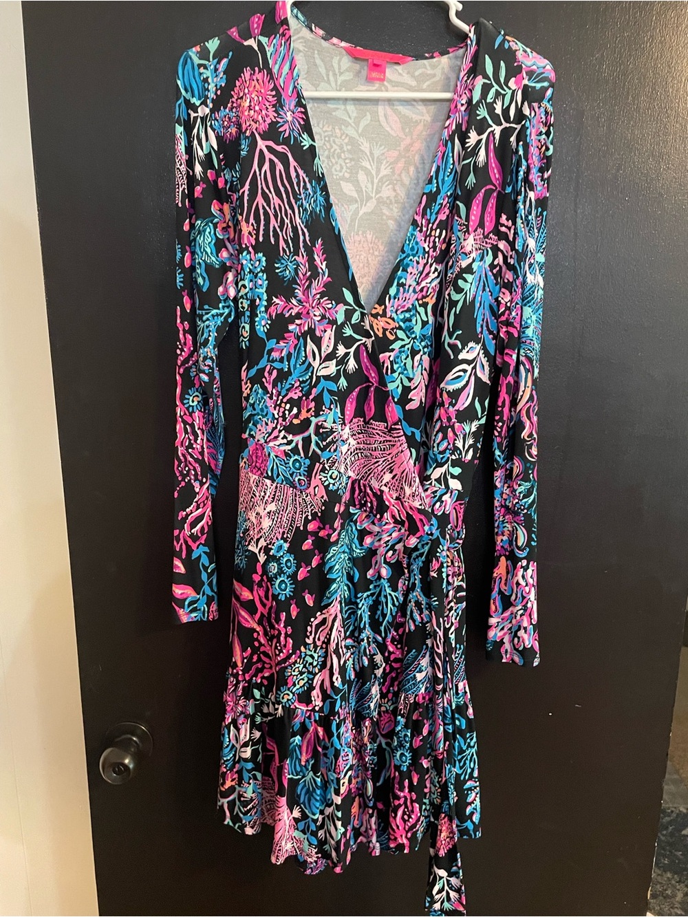 Lilly Pulitzer Black Floral Wrap Dress with Pink & Blue Coral Print